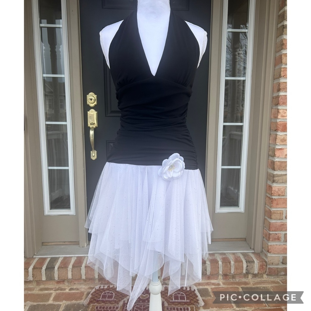 Vintage Y2K black ruched halter fairycore minidress white glitter tulle XS S